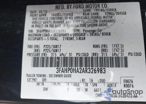 2010 Ford Fusion Se z USA, uszkodzony, nr VIN 3FAHP0HA2AR326983